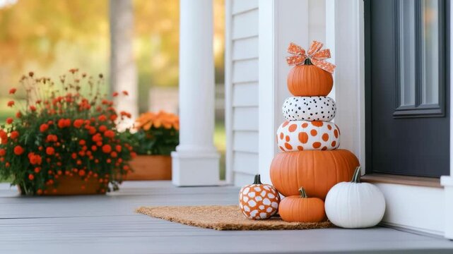 Autumn porch decor with stacked pumpkins and chrysanthemums in warm sunlight