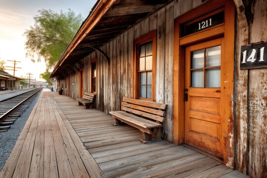 Empty benches sitting on a wooden platform of an old train station at sunset