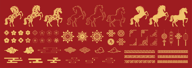 Chinese New Year 2026 icon set. Includes lanterns, horse, clouds, flowers, and traditional decorative elements.
