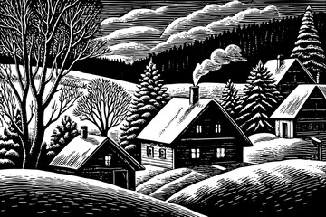 Fototapeta premium Black and white sketch vector of a snowy village nestled between forested hills in winter