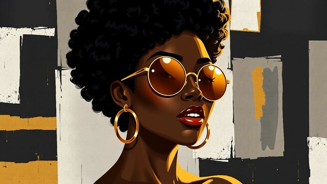 Stilisiertes Portr&auml;t einer selbstbewussten schwarzen Frau mit runder goldget&ouml;nter Sonnenbrille, gro&szlig;en Ohrringen und abstraktem Hintergrund im modernen Illustrationsstil.