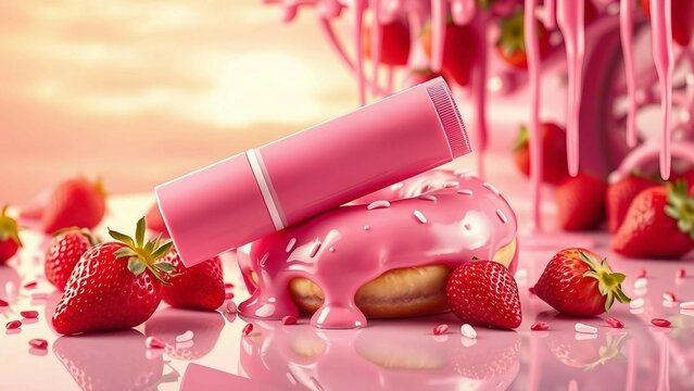 S&uuml;&szlig;es, gl&auml;nzendes Beauty-Setup mit rosa Lippenbalsam auf pinkem Donut, umgeben von frischen Erdbeeren &ndash; Pop-Art-inspiriertes Werbemotiv.