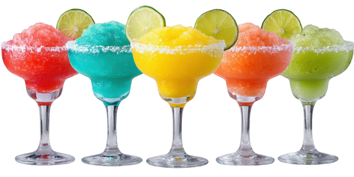 Refreshing colorful frozen margaritas lime garnish summer drinks cocktails party celebration festive tropical vacation beach bar menu restaurant ice cold on transparent background