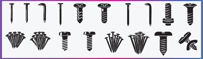 Screws and Nails Vector Set Construction Fasteners and Hardware Icons