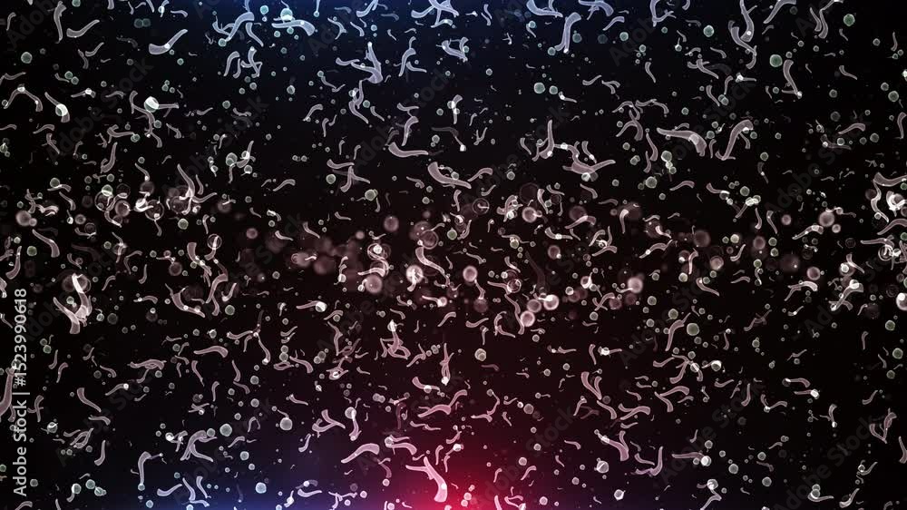 Poster microscopic organisms floating in a dark fluid with light particles and subtle movement