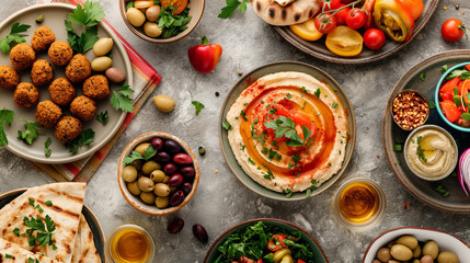 Assorted Middle Eastern Mezze Plate with Hummus, Falafel and Olives