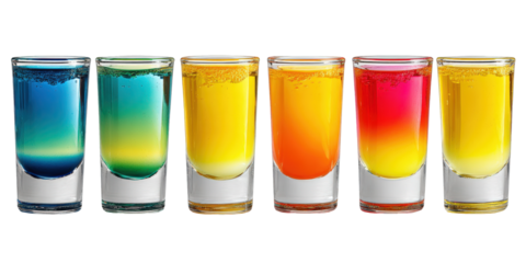 Six colorful alcoholic shots in glasses ready for party festive drinks celebration cocktail bar menu bright yellow orange red blue green gradient layered on transparent background