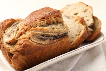 Pieces of banana bread on table, closeup