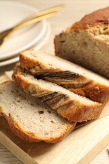 Pieces of banana bread on table, closeup