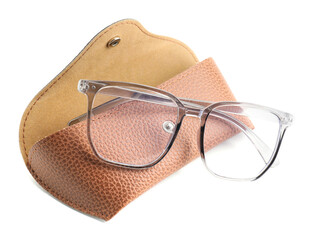 Stylish glasses and case isolated on white
