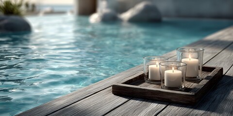 Serene spa scene shows three lit candles in glass holders on a wooden tray at the edge of a calm pool, bathed in soft, natural daylight for a clean look.