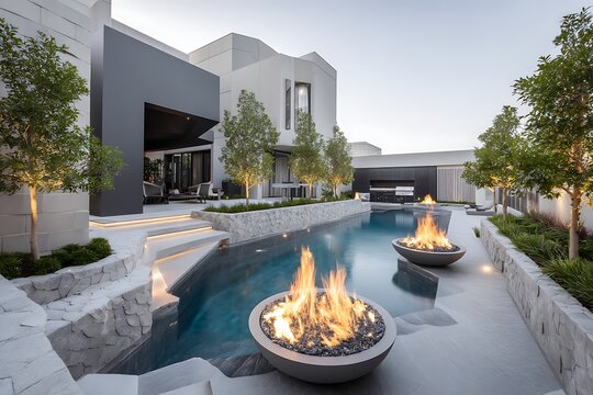 A contemporary luxury backyard with a pool surrounded by fire bowls, their flickering flames casting intricate 3D patterns, adding drama and elegance to the serene setting.