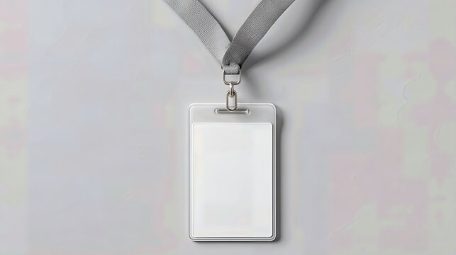 A blank plastic ID card hangs from a sleek grey ribbon, ready for custom employee info and photo.
