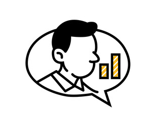Business Analytics Icon. Man Talking with Bar Chart Symbol. Data Communication Concept Illustration. Corporate Report Line Drawing.