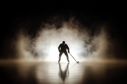 Hockey player in dramatic backlight amidst swirling smoke on ice
