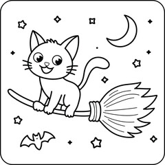 Flying Cat on Broom Coloring Page