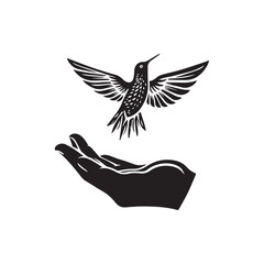 Liberation and Harmony: A graceful hummingbird takes flight from a hand, symbolizing freedom, release, and the interconnectedness of nature.