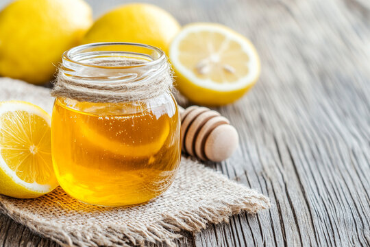 Honey and lemon on rustic table for a natural remedy