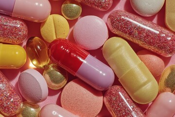 Assortment of Pastel Colored Pills and Capsules on Pink Background 