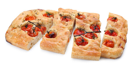 Cut delicious focaccia with tomatoes and spices isolated on white