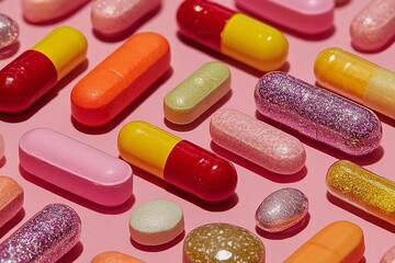 Assortment of Pastel Colored Pills and Capsules on Pink Background 