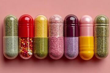 Assortment of Pastel Colored Pills and Capsules on Pink Background 