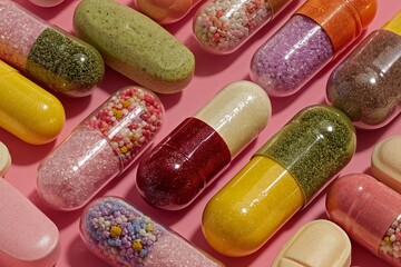 Assortment of Pastel Colored Pills and Capsules on Pink Background 
