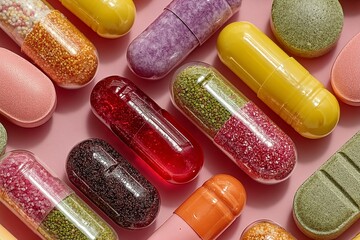 Assortment of Pastel Colored Pills and Capsules on Pink Background