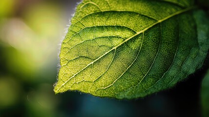 A macro shot of a fresh green leaf reveals intricate veins and vibrant texture under bright spring sunlight.
