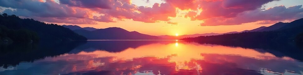 Naklejka premium Serene sunset over a tranquil lake, reflecting the vibrant colors of the sky Perfect for travel, nature, and relaxation themes Ideal for calendars, websites, and print media , sunset, twilight