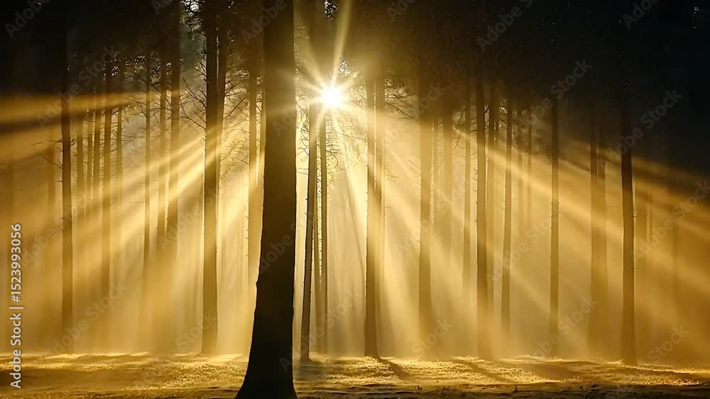 Poster Sunlight streams through a misty forest.