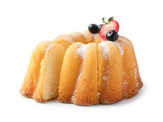 Tasty bundt cake with powdered sugar and berries isolated on white