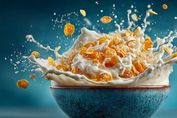 Milk Splashing in Bowl of Cereal on Blue Background 