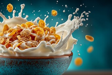 Milk Splashing in Bowl of Cereal on Blue Background 