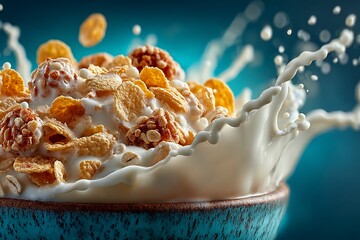 Milk Splashing in Bowl of Cereal on Blue Background 