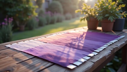 Displaying Colorful Fabric Swatch on Wooden Deck Under Sunlight