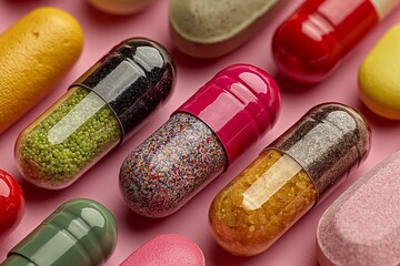 Assortment of Pastel Colored Pills and Capsules on Pink Background 