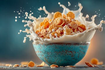Milk Splashing in Bowl of Cereal on Blue Background 