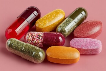 Assortment of Pastel Colored Pills and Capsules on Pink Background