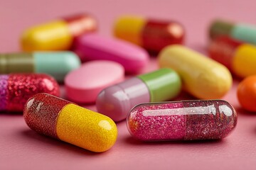 Assortment of Pastel Colored Pills and Capsules on Pink Background 