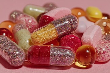 Assortment of Pastel Colored Pills and Capsules on Pink Background 