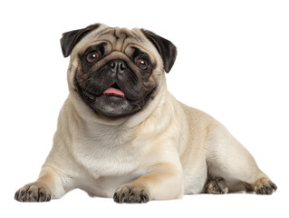 Obraz premium pug dog, lying full-length, isolated on a white background 