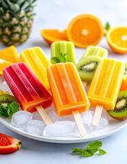 Colorful summer fruit popsicles with strawberry orange and kiwi on plate served with mint leaves and ice for refreshing snack