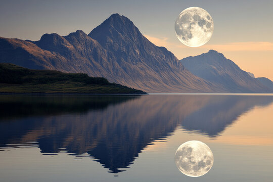 Moonrise over serene mountains reflecting in calm waters
