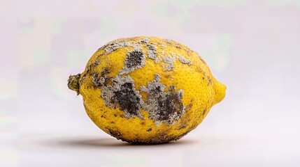 A close-up of a yellow lemon shows gray mold spreading across its surface, illustrating food spoilage.
