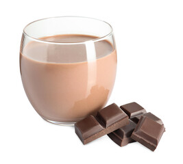 Tasty chocolate milk in glass and ingredient isolated on white