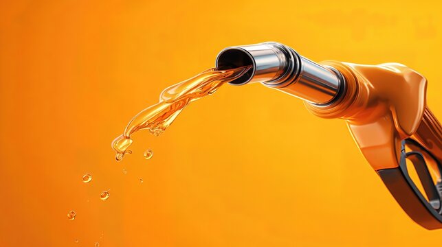 Fototapeta A fuel nozzle releases a clear gasoline stream against a vivid orange background, symbolizing energy and motion. 