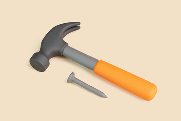 3D hammer and nail with orange handle on beige background