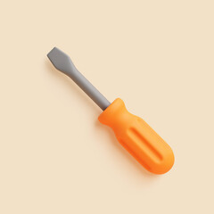 Angled 3D Flathead Screwdriver with Orange Handle on Beige Background