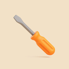 Floating 3D Flathead Screwdriver with Orange Handle on Beige Background